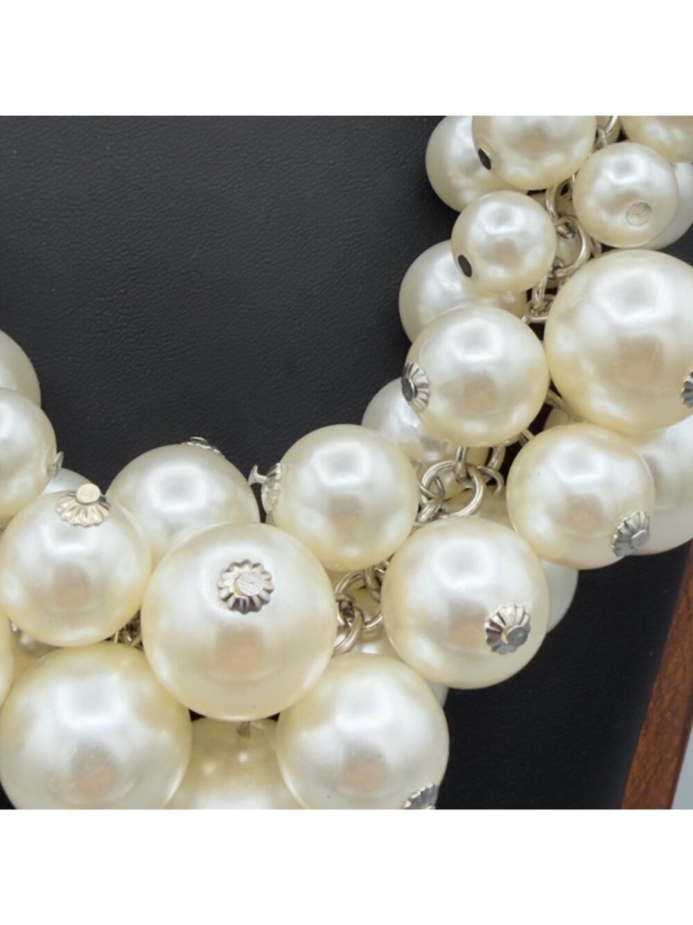 Faux Pearl Bib Necklace Chunky Bubble Cluster Statement Collar Silver Tone 16" - Picture 3 of 9
